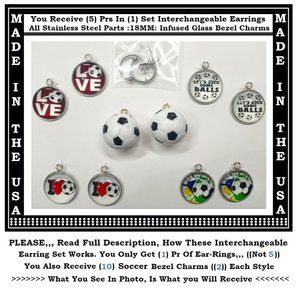 5/$20 Soccer Ball Sports Team Interchangeable Charm Earrings-5 Pairs in Set